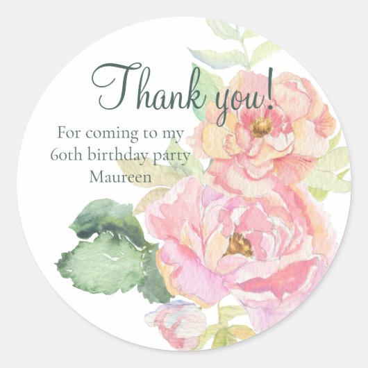Dank je roze Rose Floral Ronde Sticker (Voorkant)