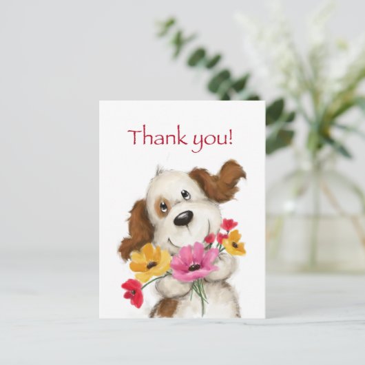 Dank je, schattige hond met bloemen. briefkaart (Staand voorkant)