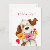 Dank je, schattige hond met bloemen. briefkaart (Voorkant / Achterkant)