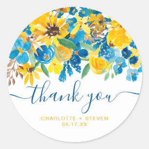 Dank je script landelijke gele zonnebloemen blauw ronde sticker
