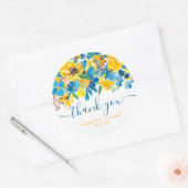 Dank je script landelijke gele zonnebloemen blauw ronde sticker (Envelop)