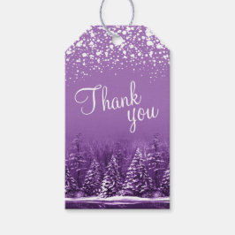 Dank je script witte sneeuw en paarse bomen kunst cadeaulabel