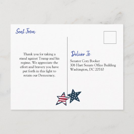 Dank je senator Cory Booker Gepersonaliseerd Briefkaart (Achterkant)