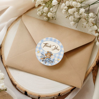 Dank Je Teddybeer Vliegtuig Blauwe Gingham Ronde Sticker