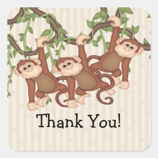 Dank je! Triplet Monkeys Baby shower Vierkante Sticker (Voorkant)