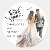 Dank je Trouw Bruid Bruidegom Rug Watercolor Klas Ronde Sticker (Voorkant)