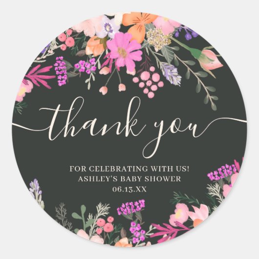 Dank je typografie pastelweide wilde bloemen ronde sticker (Voorkant)