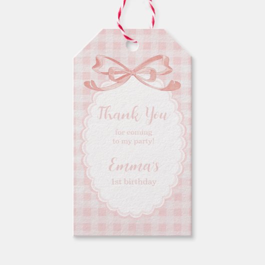 Dank je voor het komen 1e verjaardag roze gingham cadeaulabel (Voorkant)
