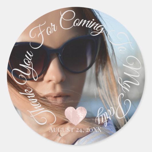 Dank je voor het komen Feestdatum Foto Hart Ronde Sticker (Voorkant)