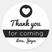 Dank je voor het komen Hart Modern Zwart Wit Ronde Sticker (Voorkant)