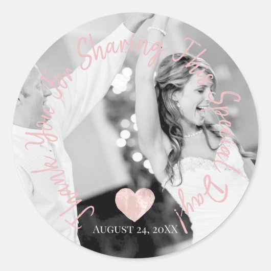 Dank je voor het komen Party Datum Foto Hart Ronde Sticker (Voorkant)