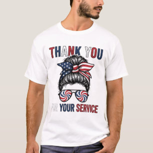 Dank Je Voor Je Dienst Patriottische Rommelige Bun T-shirt