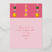 Dank je voor kerstcadeaus foto roze folie feestdagenkaart (Achterkant)