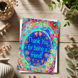 Dank je vriend Floral Blue Whimsical Heart Dank Kaart