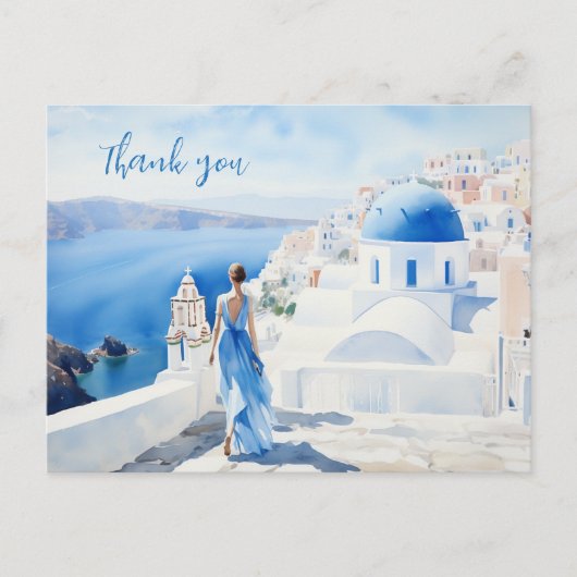 Dank je Watercolor, Blauwe kleur, Santorini, Briefkaart (Voorkant)
