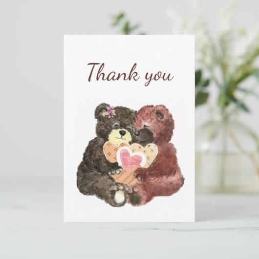 Dank je Waterverf Cute Cuddling Teddy Bears Bedankkaart (Staand voorkant)