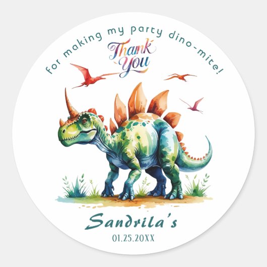 Dank je Waterverf Dinosaur Ronde Sticker (Voorkant)
