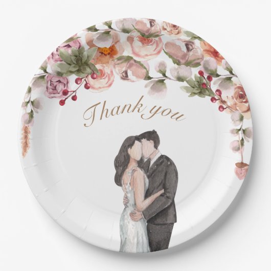 Dank je waterverf floral elegant schattige bruilof papieren bordje (Voorkant)