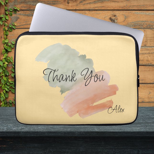 Dank je Waterverf Perzik en Groen Aangepaste Naam Laptop Sleeve (Creator heeft geüpload)