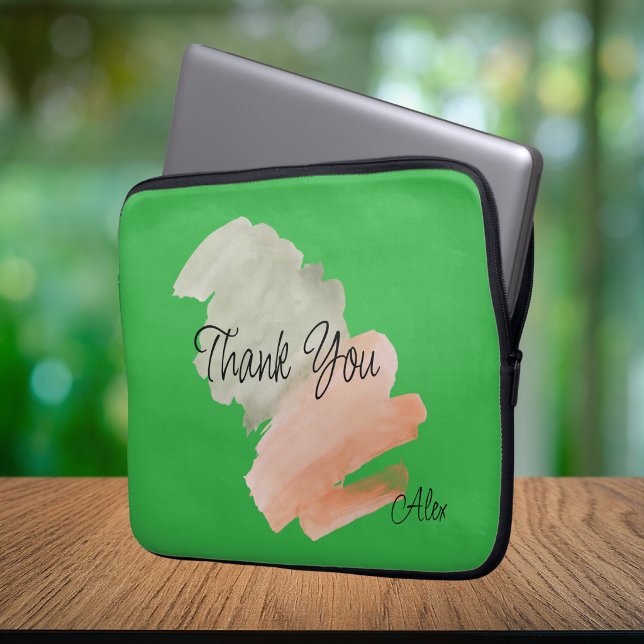 Dank je Waterverf Perzik en Groen Aangepaste Naam Laptop Sleeve (Creator heeft geüpload)