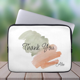 Dank je waterverf perzik en groene aangepaste naam laptop sleeve