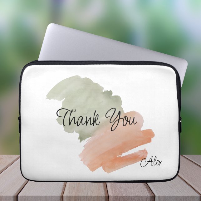 Dank je waterverf perzik en groene aangepaste naam laptop sleeve (Creator heeft geüpload)
