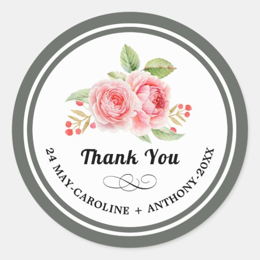 Dank je. Waterverf Rozen Bruiloft Ronde Sticker (Voorkant)