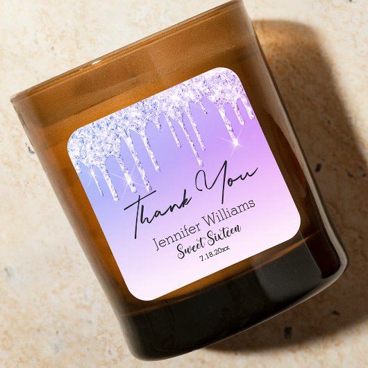 dank je wel , 16 paarse druppelende glitters . vierkante sticker