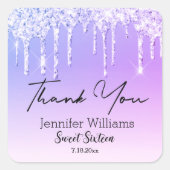 dank je wel , 16 paarse druppelende glitters . vierkante sticker (Voorkant)