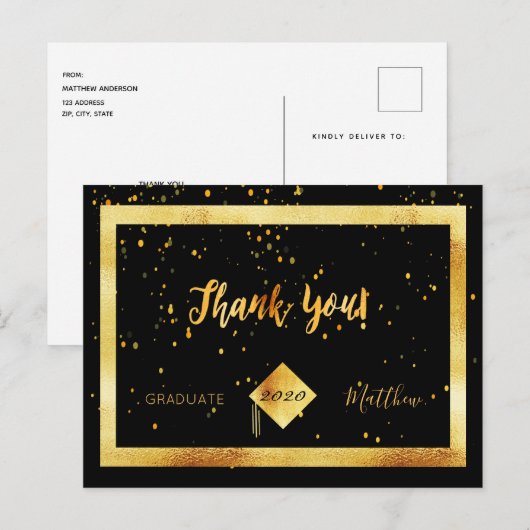 Dank je wel afstudeerfeest zwart gouden confetti briefkaart (Voorkant / Achterkant)
