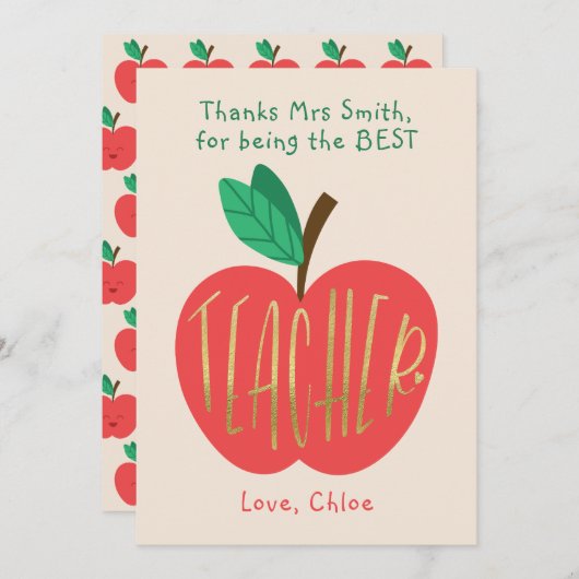 Dank je wel, beste lerares ooit, Schattigee appel Bedankkaart (Voorkant / Achterkant)