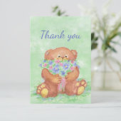 Dank je wel, Cute Teddy Bear Holding Flower Bouque Bedankkaart (Staand voorkant)