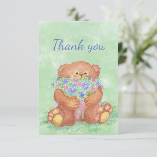 Dank je wel, Cute Teddy Bear Holding Flower Bouque Bedankkaart (Staand voorkant)