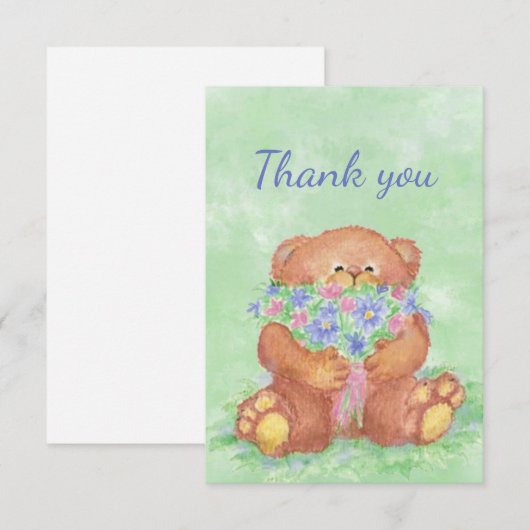 Dank je wel, Cute Teddy Bear Holding Flower Bouque Bedankkaart (Voorkant / Achterkant)