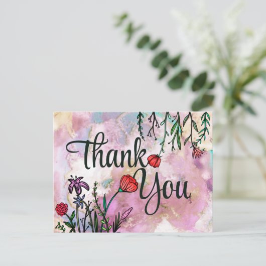 Dank je Wel Cute Wildflower Aquarel Marmerwolk Briefkaart (Staand voorkant)