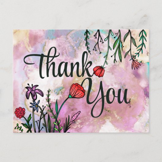 Dank je Wel Cute Wildflower Aquarel Marmerwolk Briefkaart (Voorkant)