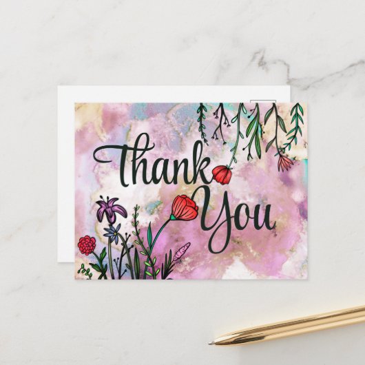 Dank je Wel Cute Wildflower Watercolor Marmerwolk Briefkaart (Voorkant / Achterkant in situ)