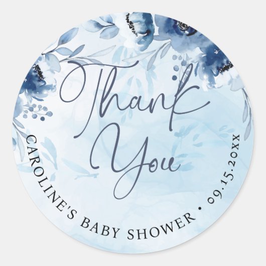 Dank je wel, een Waterverf blauw Baby shower Ronde Sticker (Voorkant)