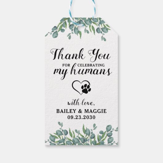 Dank je wel Eucalyptus Pet Dog Treat Wedding Favor Cadeaulabel (Achterkant)