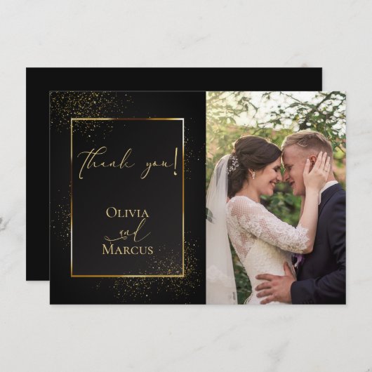 DANK JE WEL | FOTO Elegant Zwart en Gouden Glitte Bedankkaart (Voorkant / Achterkant)