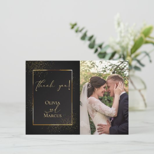 DANK JE WEL |  FOTO Elegant Zwart en Gouden Glitte Bedankkaart (Staand voorkant)