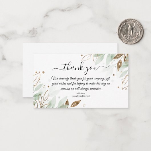 dank je wel goud en groene botanische bruiloft mod notitiekaartje (Voorkant / Achterkant in situ)