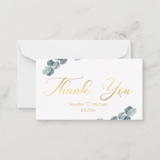 dank je wel , goudkalligrafie eucalyptus bruiloft notitiekaartje (Voorkant)