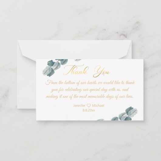 dank je wel , goudkalligrafie eucalyptus bruiloft notitiekaartje (Achterkant)