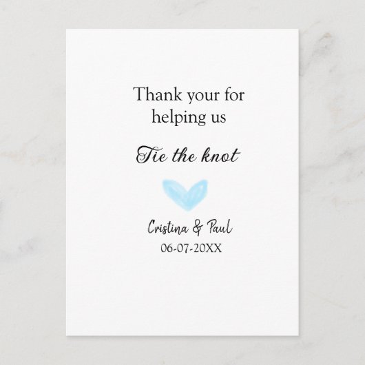dank je wel knoop het knoopje blauwe hart bruiloft briefkaart (Voorkant)
