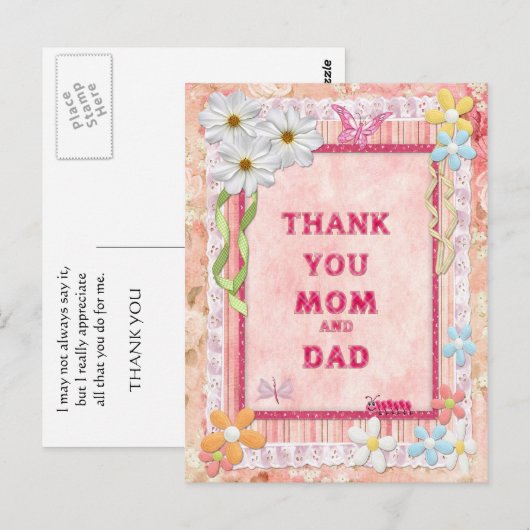 Dank je wel mama en papa, bloemen ambachtelijke ka briefkaart (Voorkant / Achterkant)