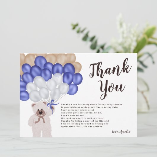 Dank je wel marineblauwe ballonbeer jongens babysh bedankkaart (Staand voorkant)