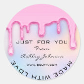 Dank je wel met liefdesholograaf blauw roze ronde sticker (Voorkant)