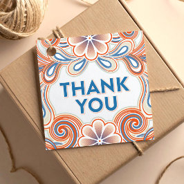 Dank je wel met retro oranje bloemen en krullen bedankjes labels