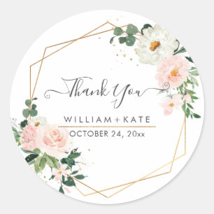 Dank je wel met tere bloei waterverf roze rozen ronde sticker